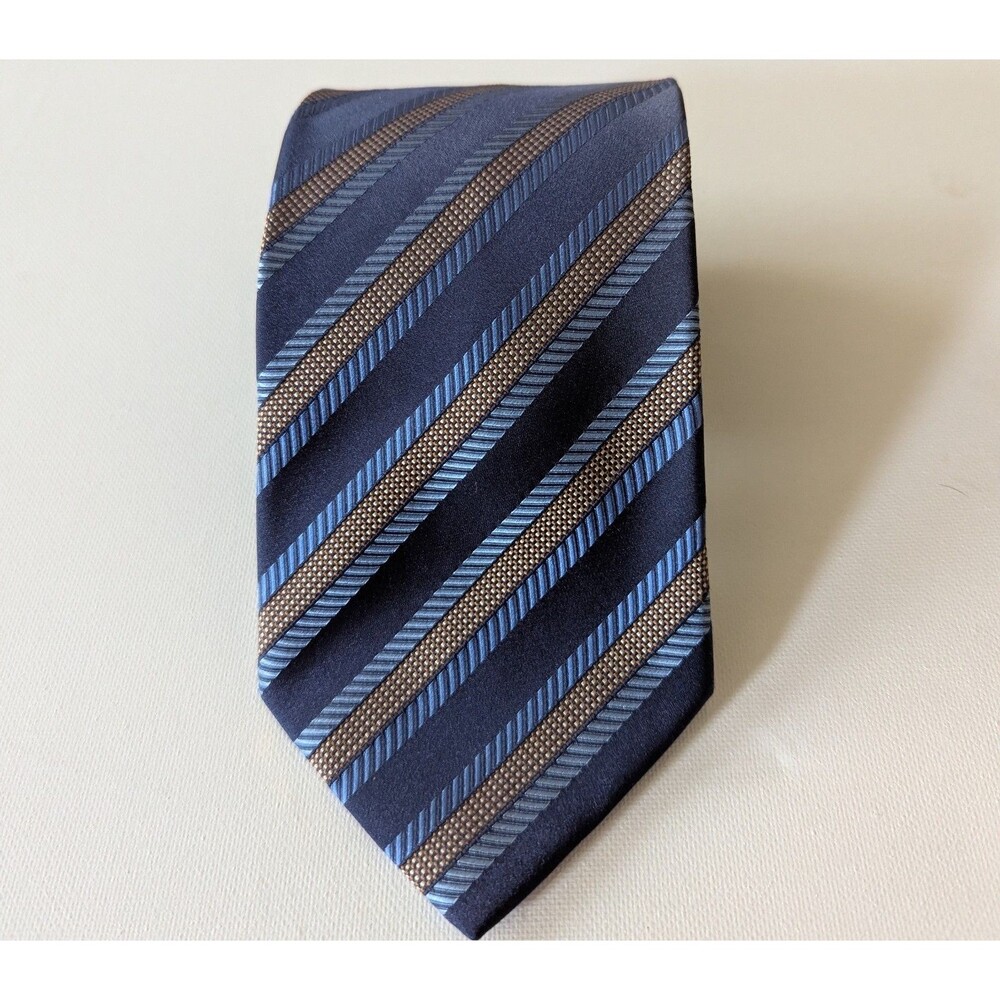 Hugo Boss Blue & Gold Striped 100% Silk Tie 59 x 3.5” Modern Contemporary Italy